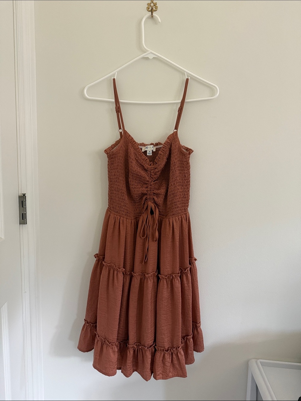 She and Sky Smocked Tiered Spaghetti Strap Dress in Rust